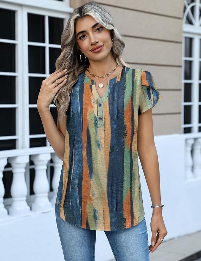 Zeagoo Womens Tops Dressy Casual Textured Blouses Cap Short Sleeve Shirts V Neck Button Up Summer Spring Work Tshirt Clothes