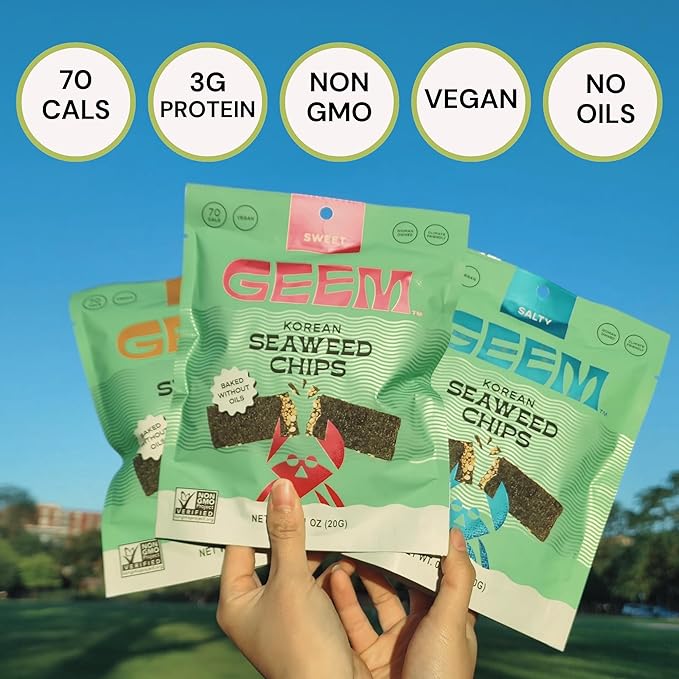 GEEM Seaweed Snacks – Korean Seaweed Chips with Rice Crisps & Sesame | Crunchy, Oil-Free Snack | Vegan, Non-GMO | Great for Kids & Adults | Sweet 4-Pack