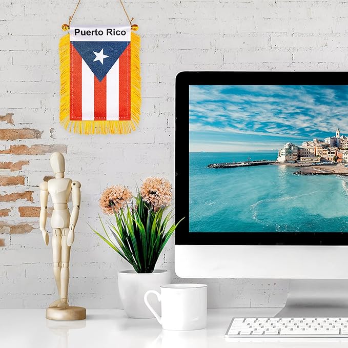 ZXvZYT 3 X 5 Inch Puerto Rico Window Hanging Flag Puerto Rican Small Mini Car Flags Banners Rearview Mirror Decoration - with Suction Cup & Golden Fringy Banner(2 Pack)