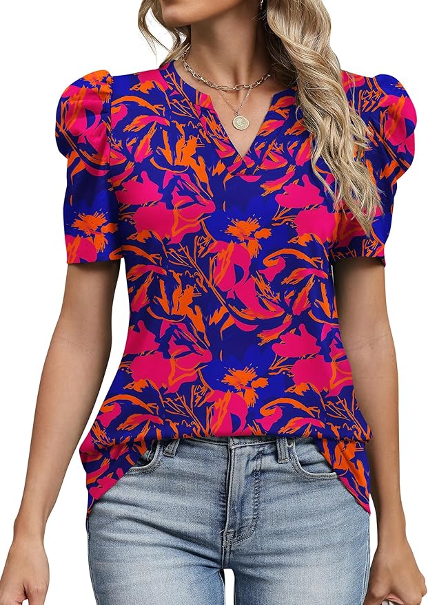 Lomon Spring Summer Tops for Women 2026 V Neck Puff Short Sleeve Tops Fashion Trendy Work Blouses Dressy Casual S-XXL