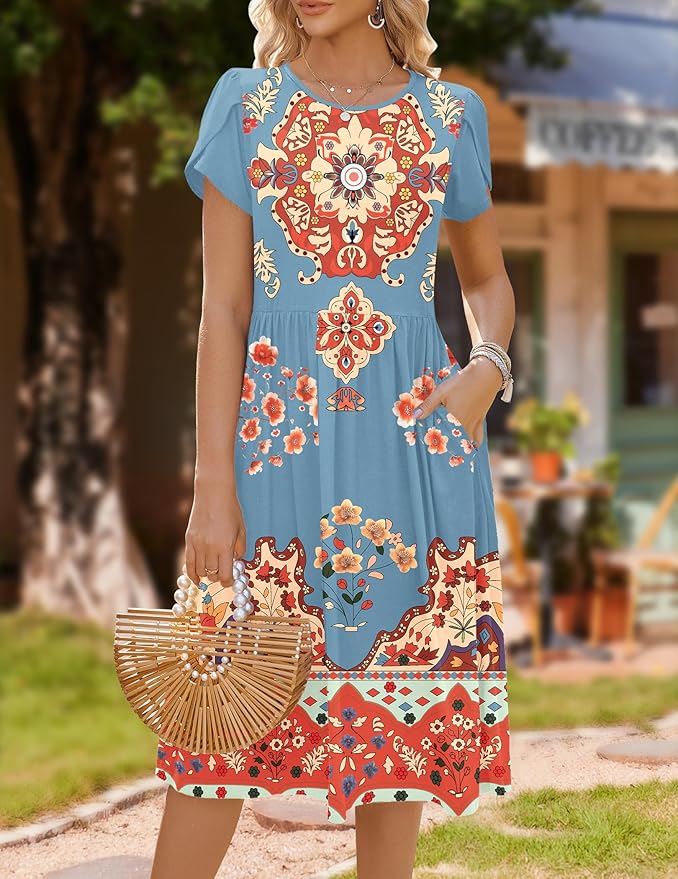 HOTOUCH Women's Summer A-Line Midi Dresses 2026 Casual Floral Short Sleeve T-Shirt Dress Flowy Beach Sundress with Pockets