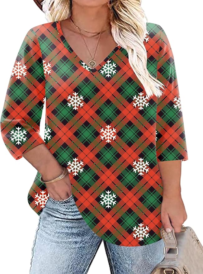 TFSDOD Womens Plus Size Tops V Neck T Shirts 3/4 Sleeve Blouse Summer Casual Tees XL-5X