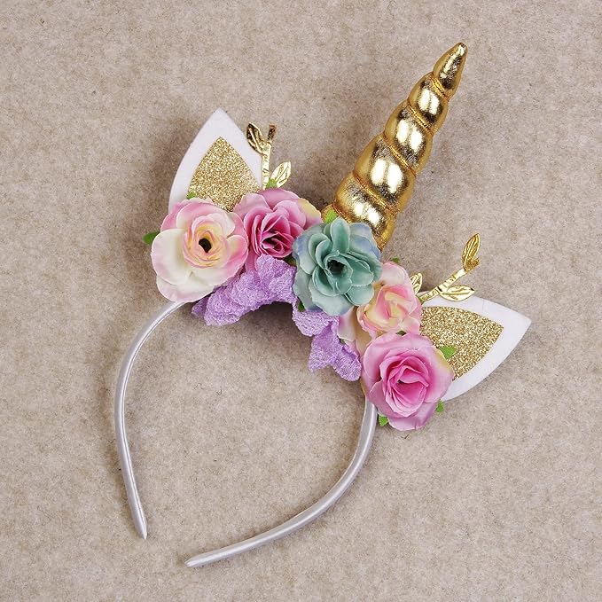 Nishine Unicorn Horn Floral Headband Glitter Ears Pony Head Bands Tiara for Girls Party Birthday Cosplay