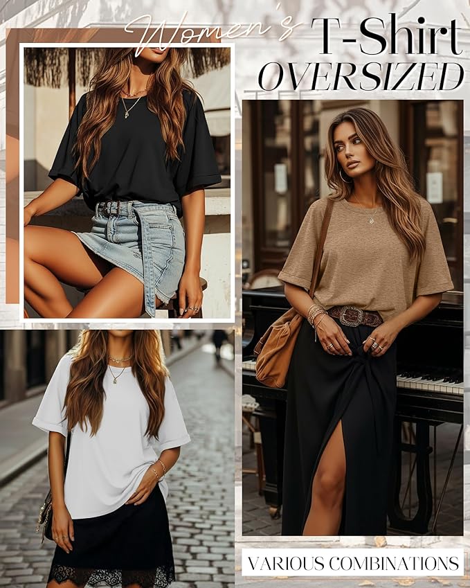 Riyiper 3 Pack Women's Oversized T-Shirt Half Sleeve Summer Tees Casual Loose Fit Crew Neck Basic Tops