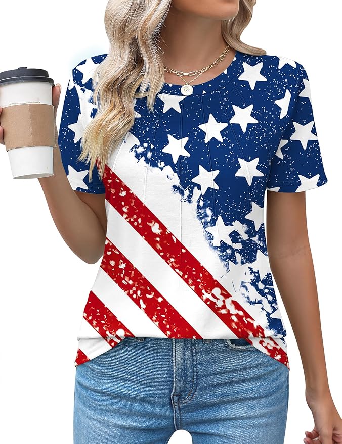 Kistore Womens Casual Crew Neck Short Sleeve Pleated Tops Blouses Fashion Clothes 2026