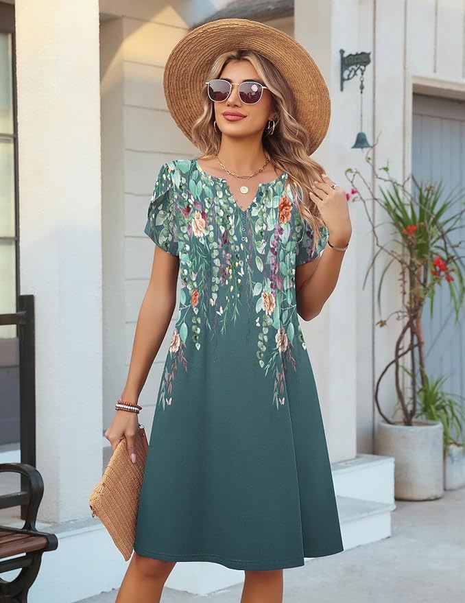 Zeagoo Women's Casual Dresses with Pockets Summer Floral V-Neck A-Line Tshirt Dress Short Sleeve Mini Dress Beach Sundress
