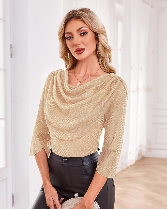 Lotusmile Blouses for Women Dressy Casual 3/4 Sleeve Cowl Neck Sparkly Tops Cocktail Shirts for Evening Party