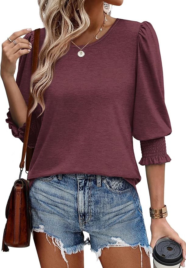 XIEERDUO Blouses for Women Dressy Casual 3/4 Length Sleeve Womens Tops with Smocked Cuffs