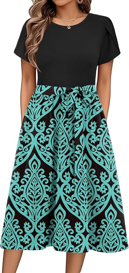 Zeagoo Womens Midi Dress Summer Short Sleeve Dress with Pockets 2025 Casual Floral T-Shirt Dress Flowy Beach Sundress