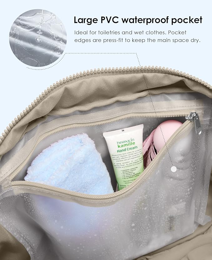 Gym Bag for Women, Travel Duffle Bags with Wet Pocket, Lightweight Carry on Bag Overnight Weekender Duffel Bag, Water Resistant (Khaki Ash)