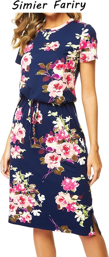Simier Fariry Womens Spring Hide Belly Knee Length Travel Dress Pocket Summer Short Sleeve Midi Work Casual Outfits