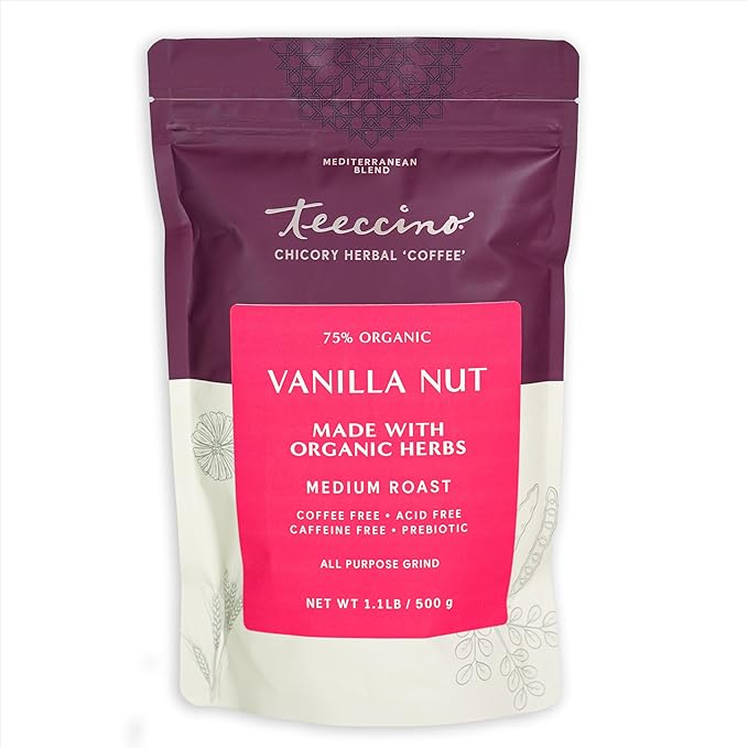 Teeccino Vanilla Nut Chicory Coffee Alternative, 1.1 Pound - Ground Herbal Coffee That’s Prebiotic, Caffeine Free & Acid Free, Medium Roast