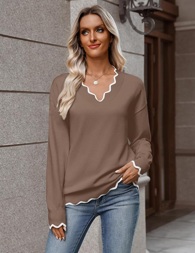 Zeagoo Women's 2026 Fall V Neck Sweater Casual Long Sleeve Lightweight Ribbed Knit Pullover Sweaters Dressy Casual Tops