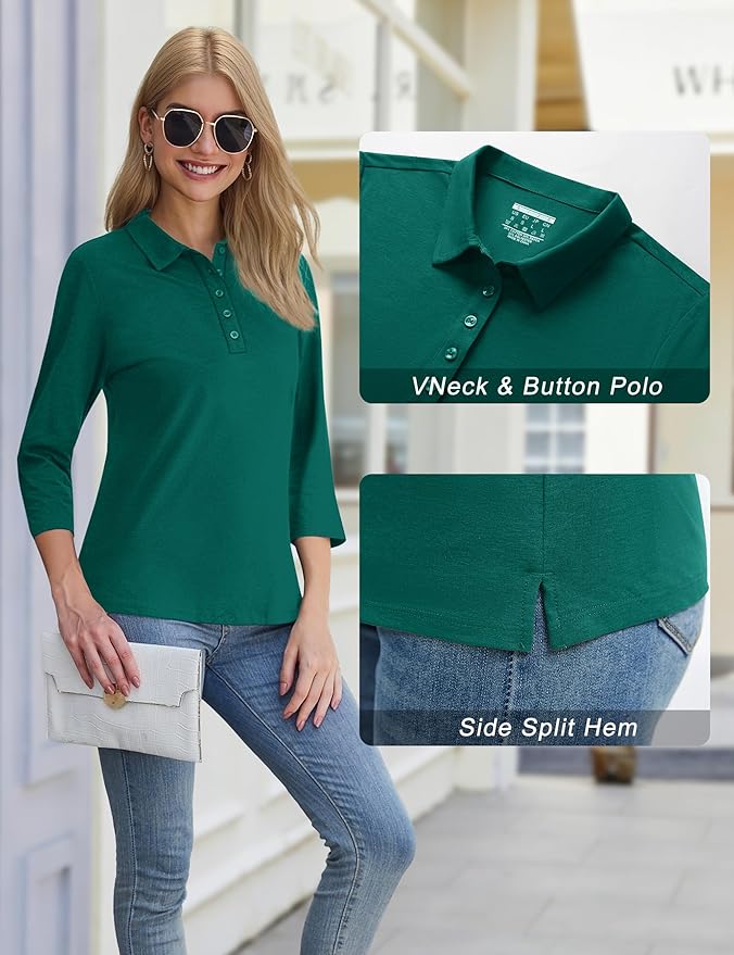 YUCOLEN Polo Shirts for Women 3/4 Sleeve Tops Golf Tees 5-Button Collared Cotton Shirt Business Casual