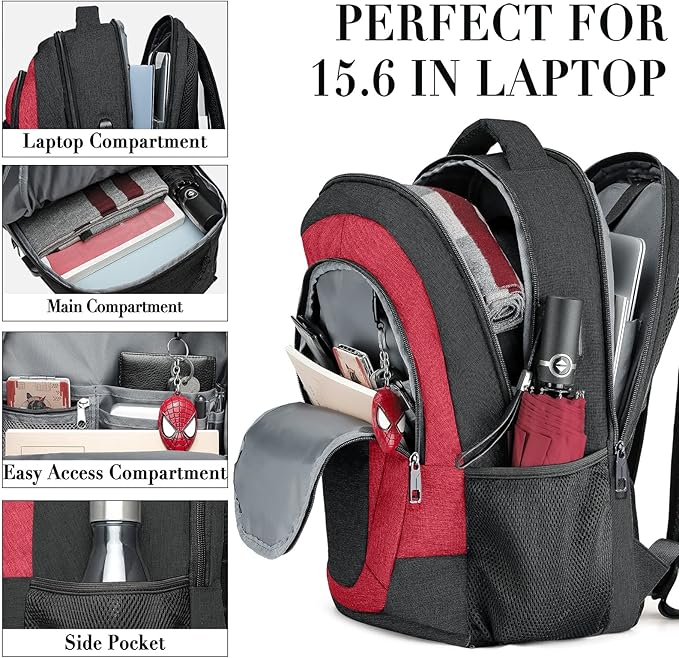Travel Laptop Backpack for Woman and Men, School Backpack for Teens with USB Charging Port, Waterproof College Back Pack for 15.6 IN Laptop Backpack, Adult Business Computer Travel Backpack, BlackRed