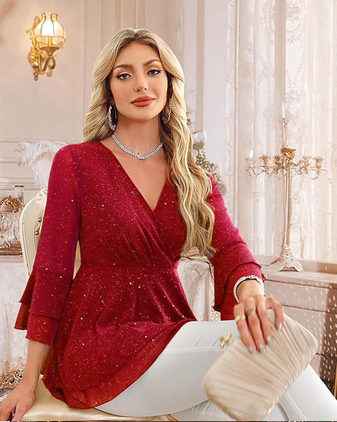 Lotusmile Women's Dressy Blouses Ruffle 3/4 Sleeve Peplum Sparkly Tops