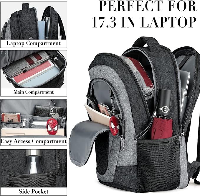 Backpack for Men and Women, Extra Large School Backpacks for Teens, Water Resistant Back Pack with USB Charging Port Fits 17 Inch Laptop, Business Anti Theft Sturdy Computer Bag Gifts, Blackgrey