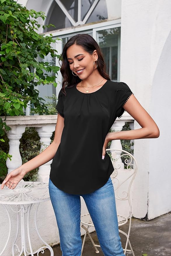 TASAMO Women's Casual Round Neck Basic Pleated Top Cap Sleeve Curved Keyhole Back Chiffon Blouse