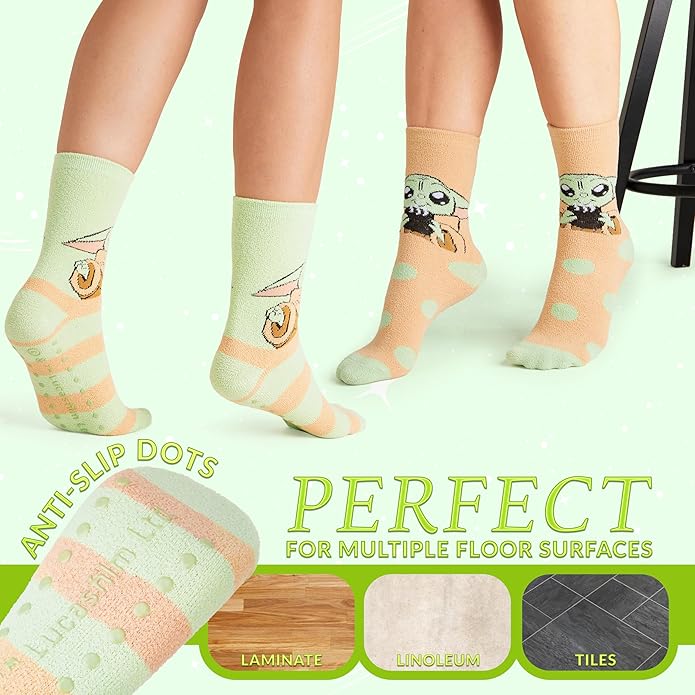 Disney Slippers Socks for Women & Teens US Size 4-9, Pack of 2 Non Slip Fleece Winter Socks, Soft & Fluffy, Gifts for Her