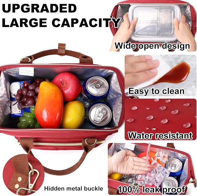AIJIEKE Lunch Bag for Women, Leakproof & Insulated Work Lunch Box Tote, Reusable Adult Cooler Bag with Water Bottle Side Pocket & Removable Shoulder Strap, Red
