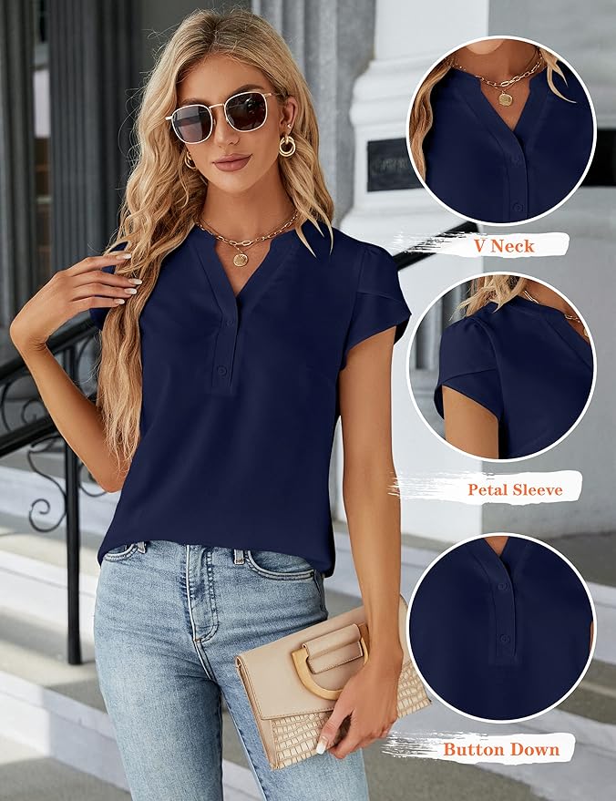 Blooming Jelly Women's Dressy Casual Tops Business Work Blouses White Button Down Shirts Cap Sleeve V Neck Tshirt