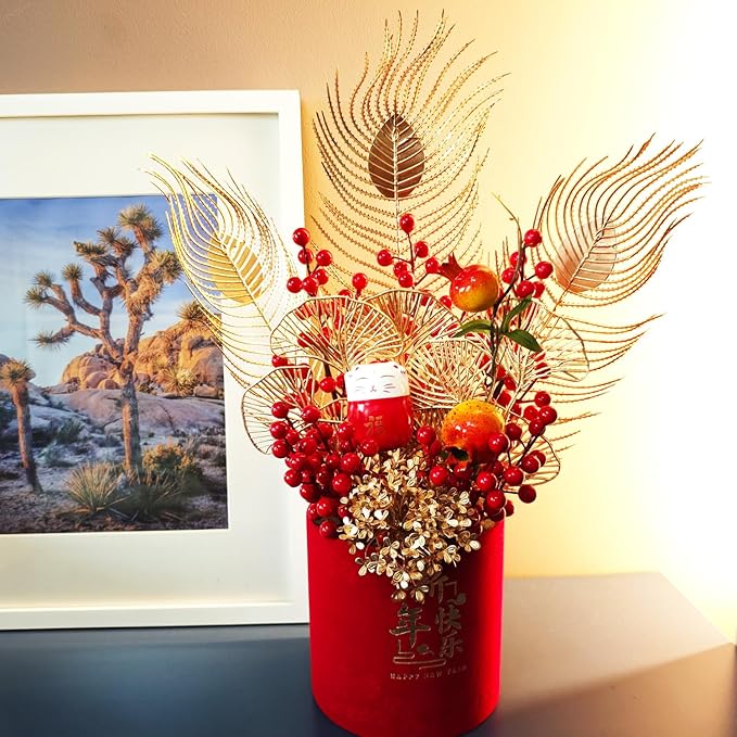LOONELO Chinese New Year Artificial Flower Fu Bucket, 2025 Spring Festival Table Centerpiece Ornament Pot Desktop Decorations for Asian Vietnamese Korea Zodiac Snake Lunar New Year Home Office Store
