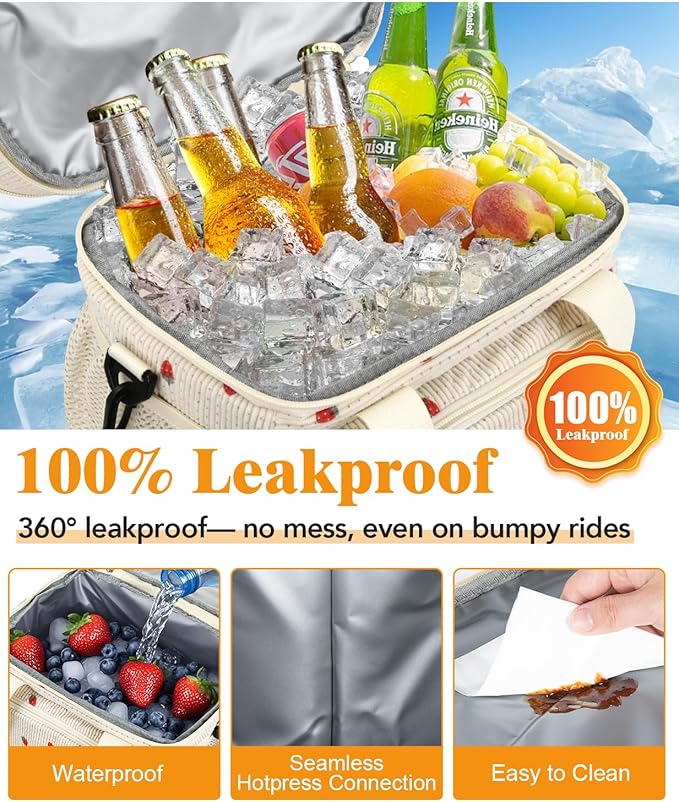 Insulated Lunch Bag for Men & Women, 9L Leakproof Lunch Box Soft Cooler Tote with 5 Pockets, 600D Oxford, EVA Lining, Adjustable Strap for Work, Picnic, Beach&Travel - Corduroy Cue Strawberry