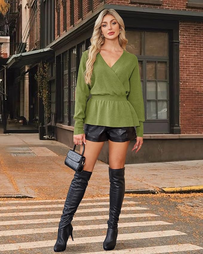 Lotusmile Womens Dressy Knit Peplum Sweater Long Sleeve Fall Wrap V Neck Pullover Tops