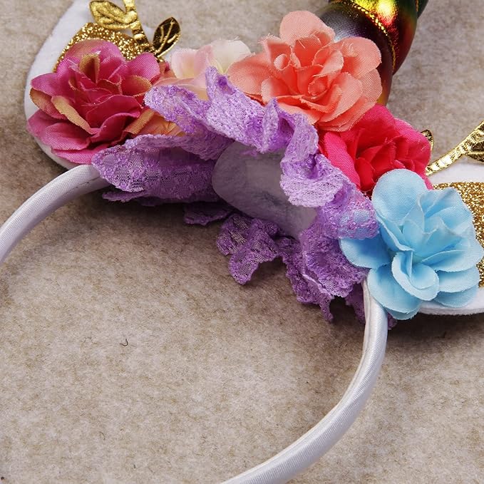 Nishine Unicorn Horn Floral Headband Glitter Ears Pony Head Bands Tiara for Girls Party Birthday Cosplay