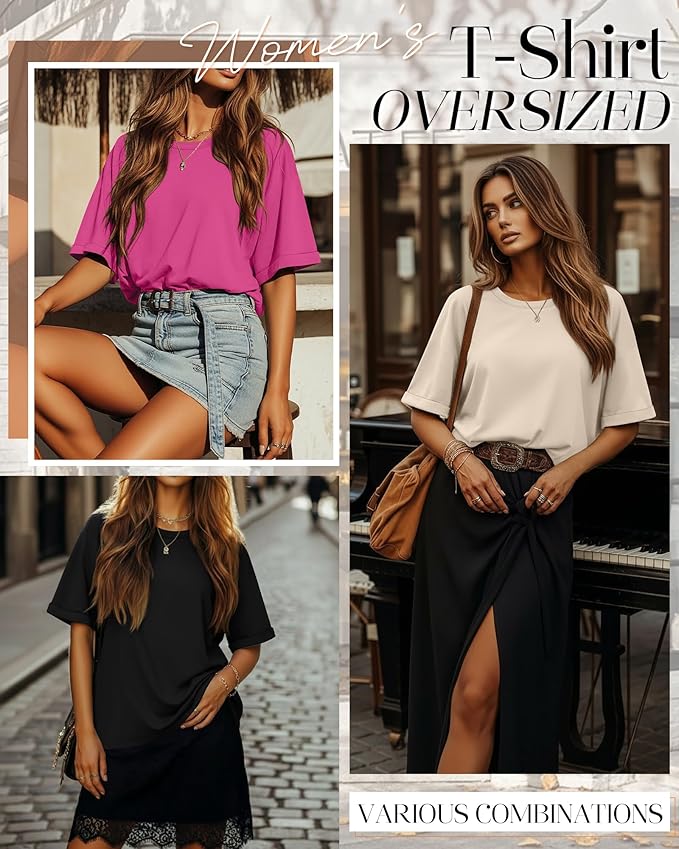 Riyiper 3 Pack Women's Oversized T-Shirt Half Sleeve Summer Tees Casual Loose Fit Crew Neck Basic Tops