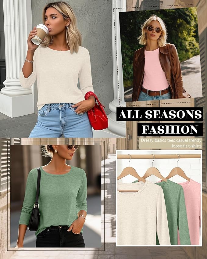 Ficerd 3 Pack 3/4 Sleeve Tops for Women Round Neck Dressy Basics Tees Casual Trendy Loose Fit T Shirts