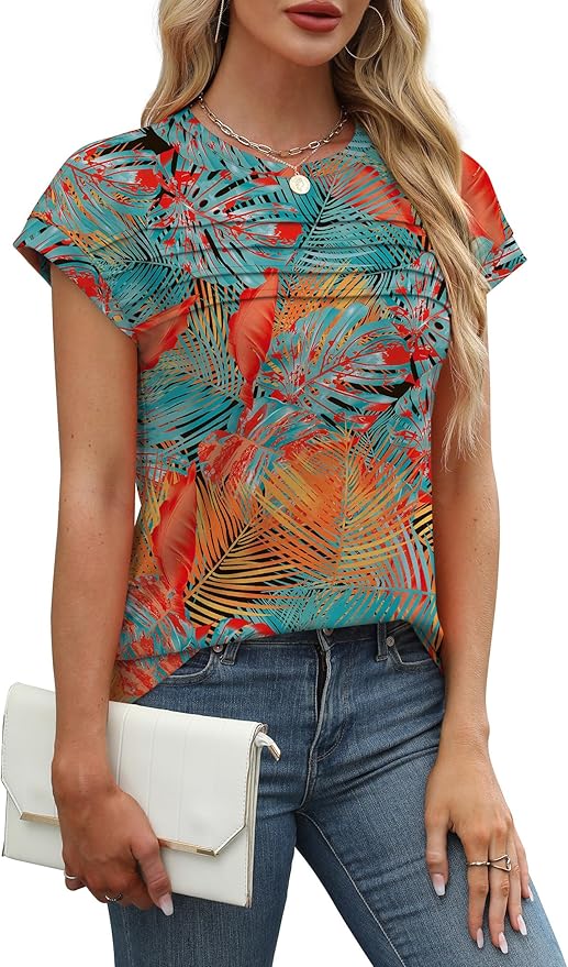 WEESO Womens Summer Tops Trendy 2026 Cap Sleeve T Shirts Crew Neck Pleated Front Beach Vacation Clothes Fashion