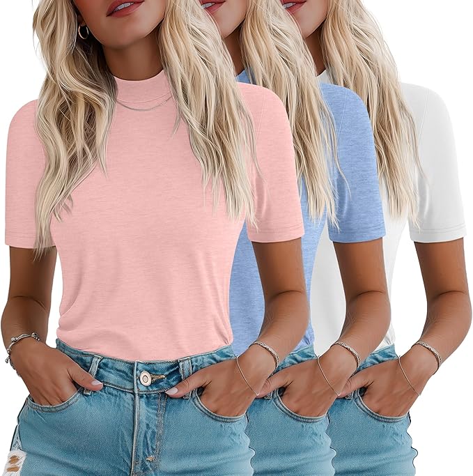Ficerd 3 Pack Women's 1/2 Sleeve Mock Turtleneck Shirts, Elbow Length Shirt Half Sleeve Tunic Top Casual Summer Basic Tees