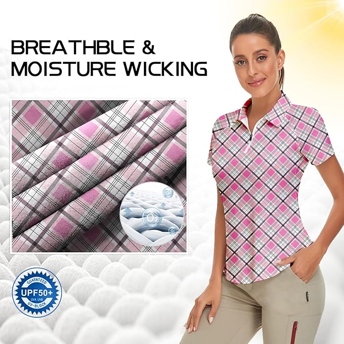 Women's Golf Shirt Short Sleeve Tennis Shirt Quarter Zip Golf Pullover Golf Polo Shirts Argyle Tops