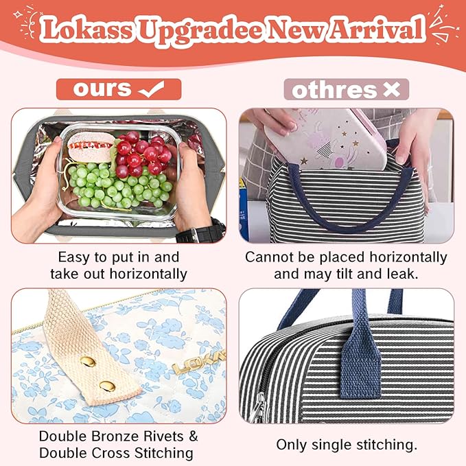 Lunch Bag Women Insulated Lunch Box Wide-Open Lunch Tote Bag Large Drinks Holder Durable Nylon Thermal Snacks Organizer for Men Adults Work Picnic Hiking Beach Fishing, Red Flower