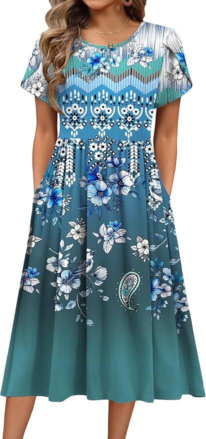 HOTOUCH Women's Summer A-Line Midi Dresses 2026 Casual Floral Short Sleeve T-Shirt Dress Flowy Beach Sundress with Pockets