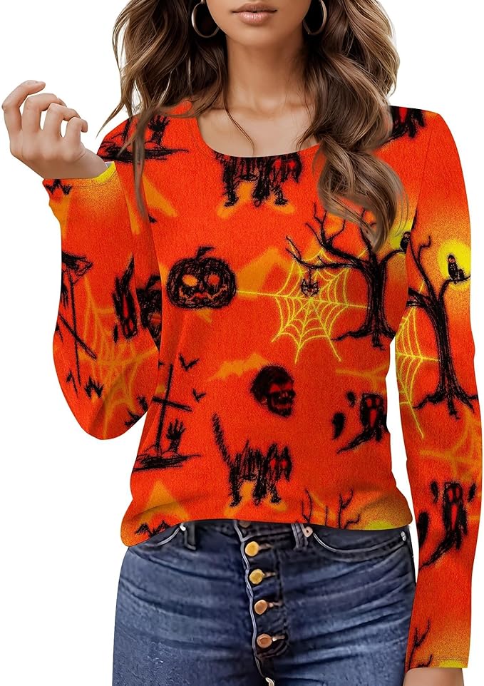 domirica Halloween Sweatshirts For Women Cute Pullover Fall Long Sleeve Pullover U-Neck Halloween Crazy Party Club Clothes