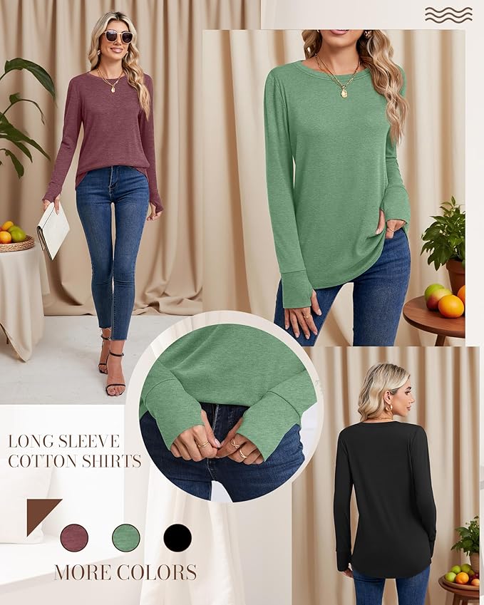 Huukeay 3 Pack Women's Long Sleeve Shirts with Thumb Holes, Cotton Casual Crew Neck Tunic Tops Fall Loose Y2k Trendy Outfits