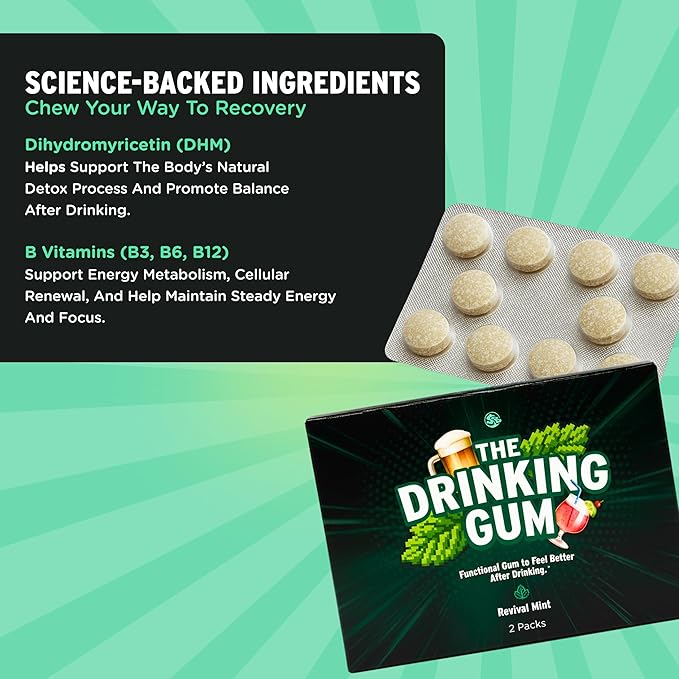 SuperBonsai The Drinking Gum – Revival Mint, Functional Chewing Gum with DHM and B Vitamins B3 B6 B12, Cool Mint Flavor for Nights Out, Celebrations and Morning Reset, 20 Count (Pack of 2)