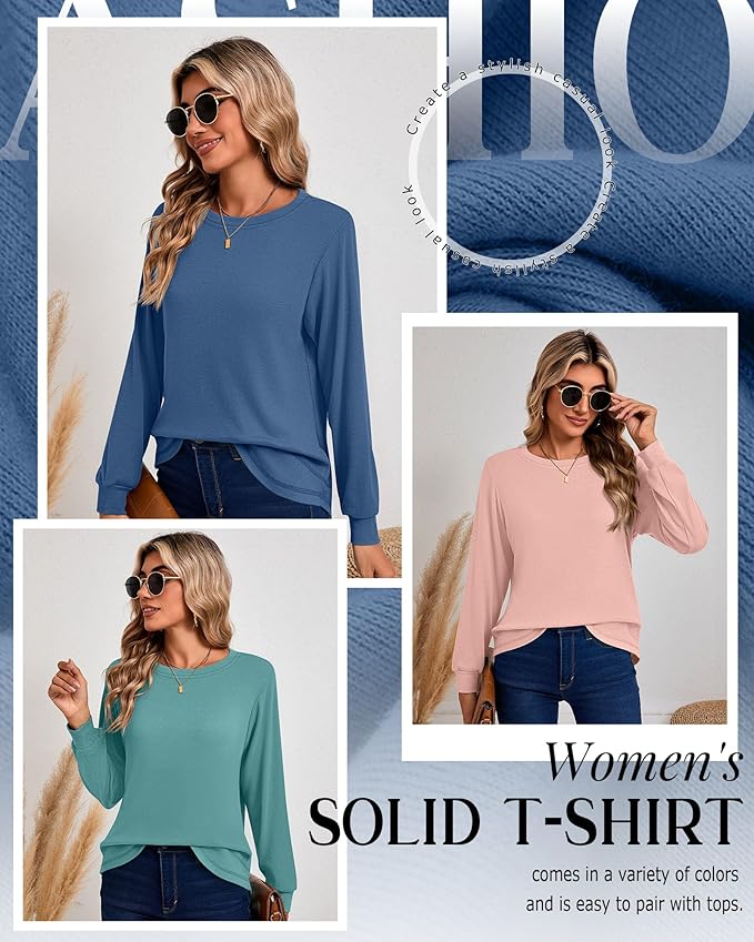 Ficerd 3 Pack Women's Long Sleeve Shirts, Cotton Crew Neck Tunic Tops Casual Loose Fit Pullover Sweatshirts Curved Hem Shirts