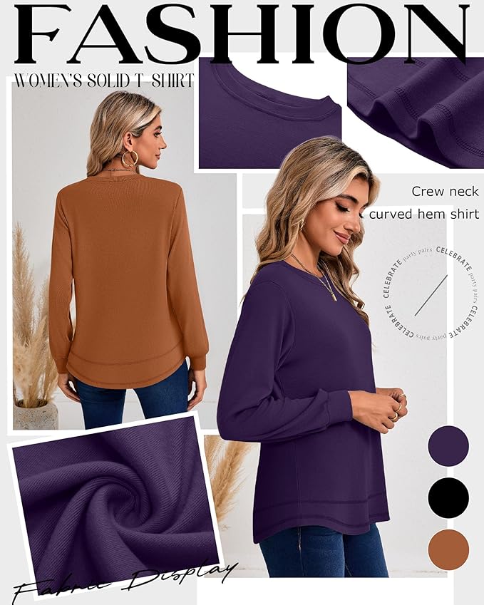 Ficerd 3 Pack Women's Long Sleeve Shirts, Cotton Crew Neck Tunic Tops Casual Loose Fit Pullover Sweatshirts Curved Hem Shirts