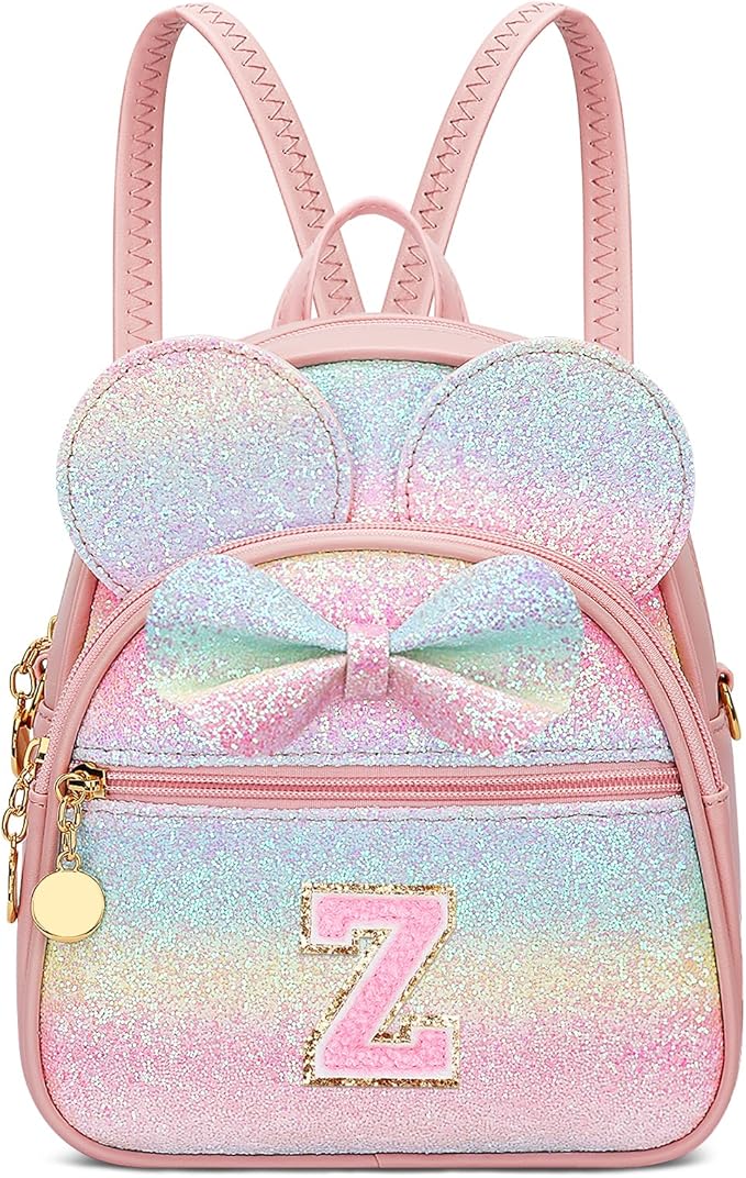 KKXIU Initial Bowknot Mini Backpacks for Girls Women, Small Cute Backpack Purse, Personalized Valentines Day Gifts for Toddler, Kids and Teen Girls(Z, Rainbow)