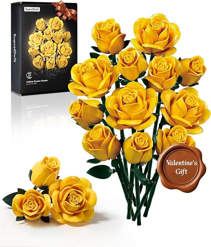 iATOM Yellow Rose Bouquet Building Set, 12Pcs Flowers Botanical Collection Kit for Adults, Valentine's Day Gift for Her/Girlfriend/Mom/Wife/Couple, Modern Home Office Table Centerpiece Decor Aesthetic