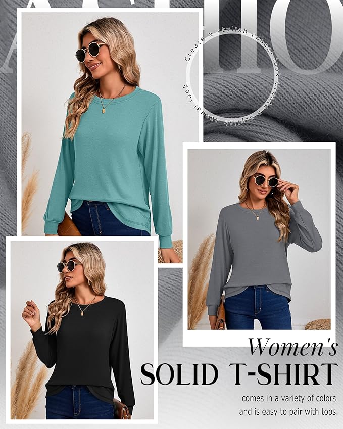 Ficerd 3 Pack Women's Long Sleeve Shirts, Cotton Crew Neck Tunic Tops Casual Loose Fit Pullover Sweatshirts Curved Hem Shirts