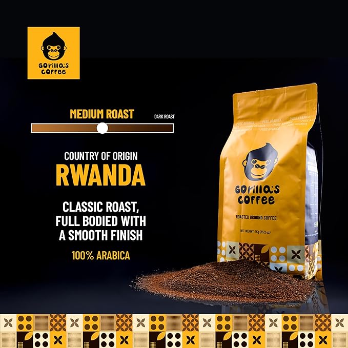 Gorilla's Coffee 100% Arabica - Medium Roast Ground Coffee, Fair Trade, Smooth, Balanced, Aromatic, Spice & Luscious Fruit Notes | Premium Rwandan Coffee | Rich, Flavorful, and Aromatic (500g/17.6oz)