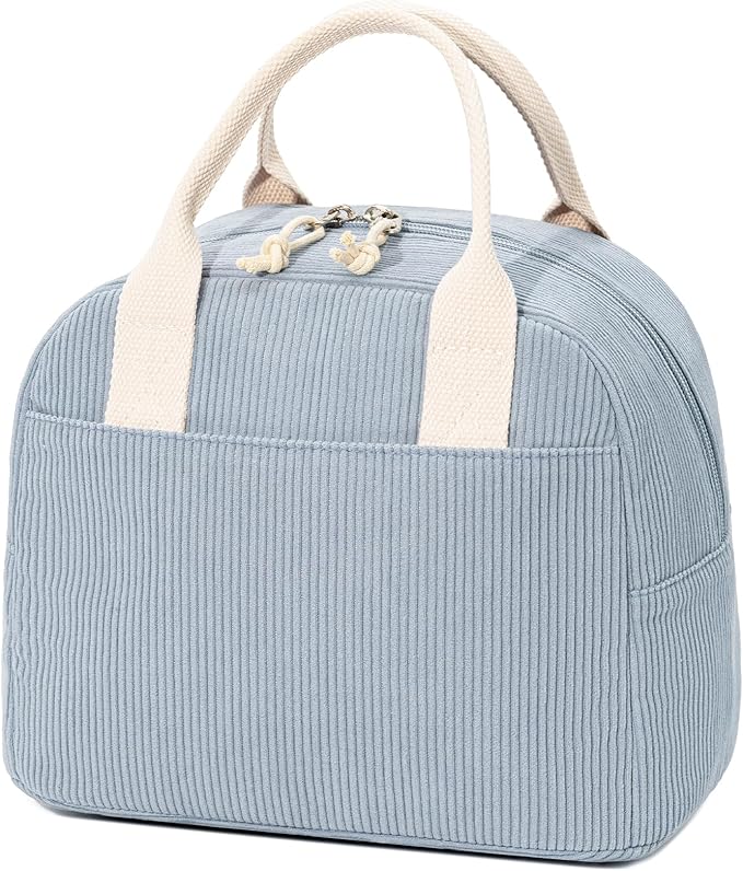 Insulated Lunch Bag for Women Men, Stylish Corduroy Tote Bag with Aluminum Lining, Large Capacity Reusable Cooler for Work, Travel, or Beach, Dusty Blue Lunch Box