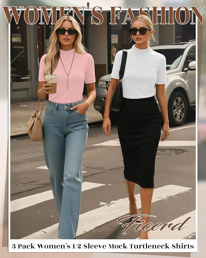 Ficerd 3 Pack Women's 1/2 Sleeve Mock Turtleneck Shirts, Elbow Length Shirt Half Sleeve Tunic Top Casual Summer Basic Tees