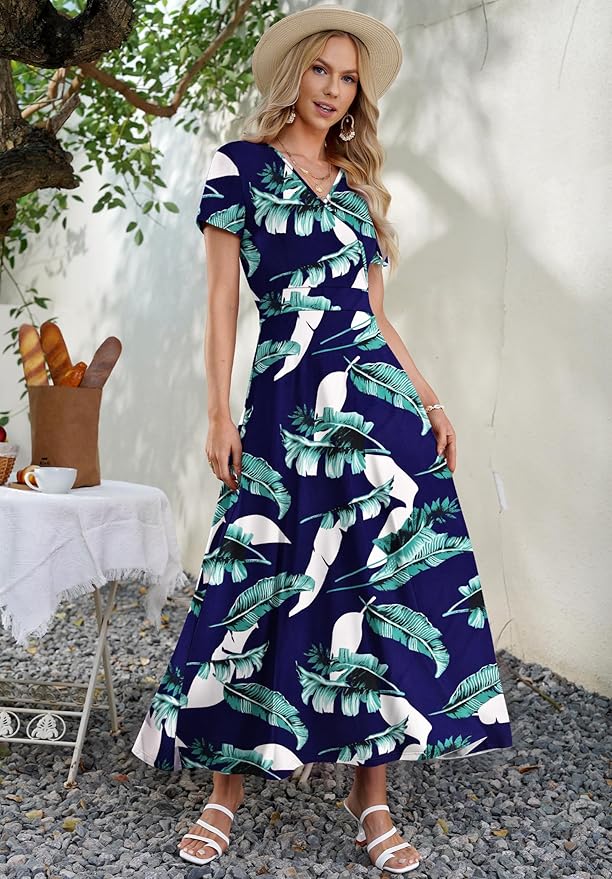 AUSELILY Maxi Dresses for Women Ankle Length Floral Print Beach Long Flowy Dress with Pockets