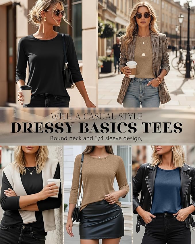 Ficerd 3 Pack 3/4 Sleeve Tops for Women Round Neck Dressy Basics Tees Casual Trendy Loose Fit T Shirts