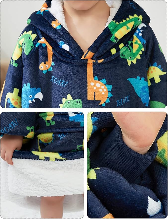 KFUBUO Dinosaur Wearable Blanket Hoodie for Kids Toddlers Sherpa Blanket Sweatshirt with Pocket 2-6 Year Old Boys&Girls Birthday Gifts